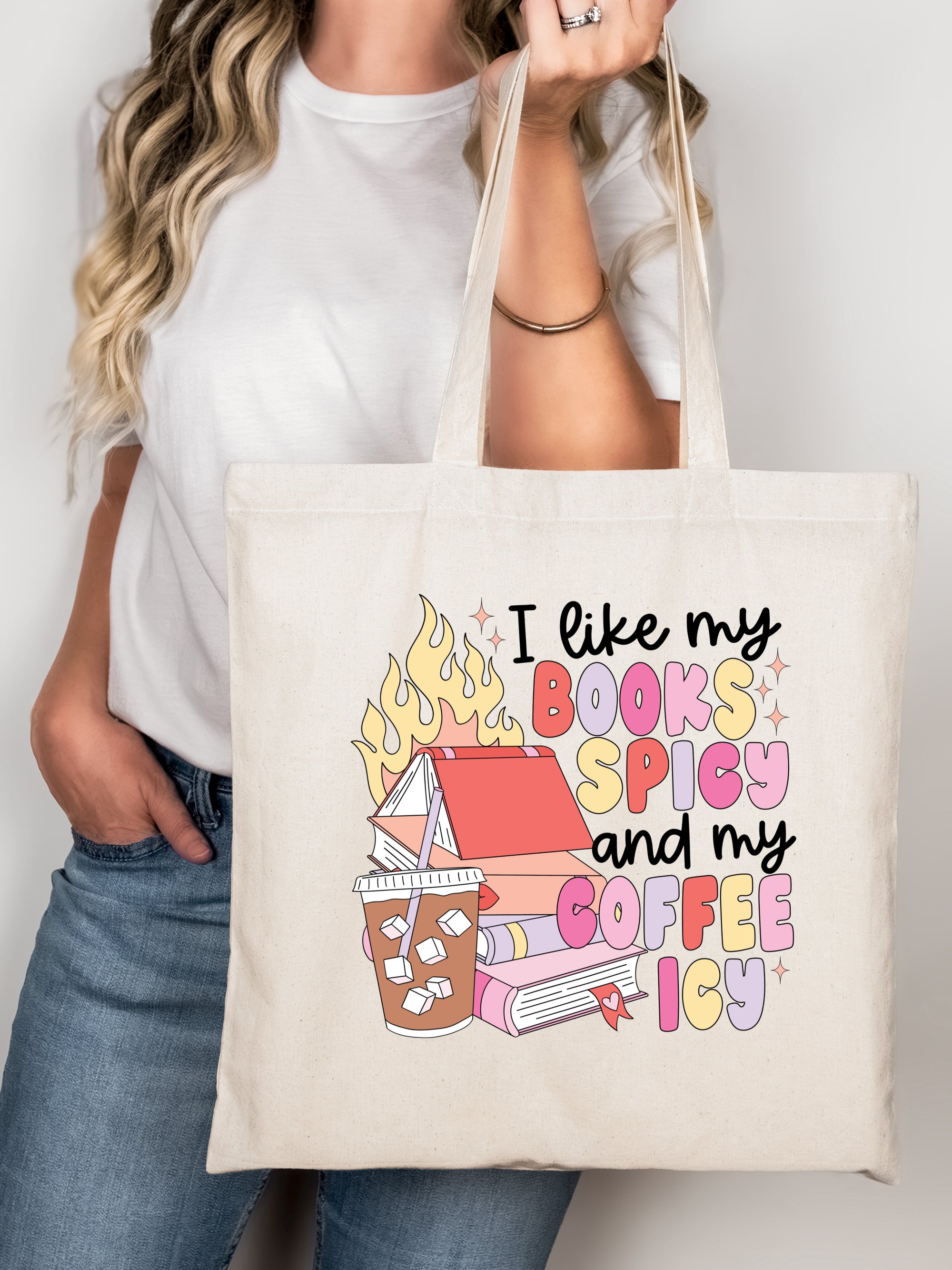 I LIKE MY BOOKS SPICY AND MY COFFEE ICY TOTE