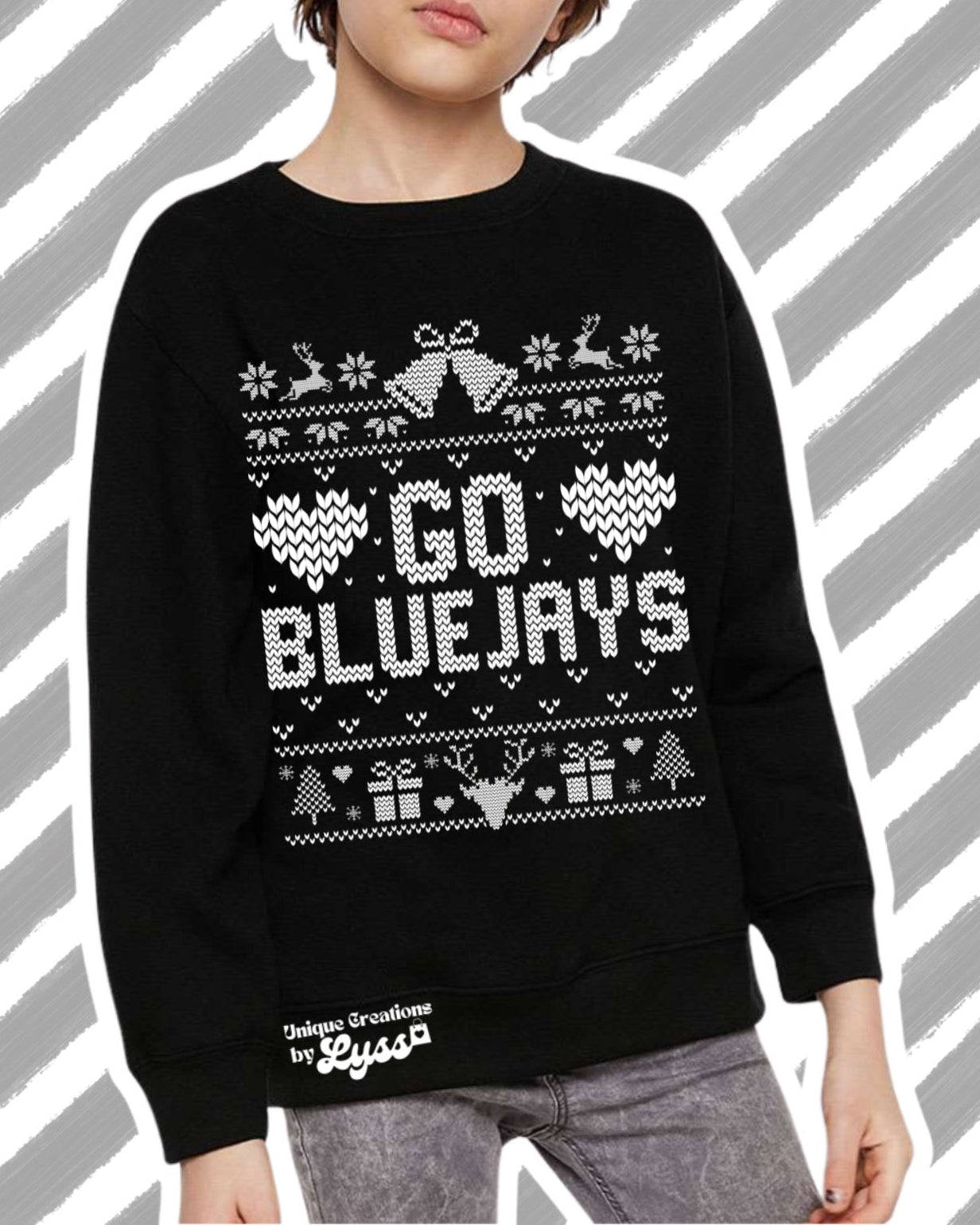 UGLY SWEATER WHITE GO BLUEJAY YOUTH/ADULT SWEATER